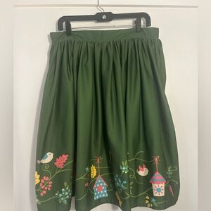 Unique Vintage Green Birdhouse-Print Gathered Swing Skirt Size 14